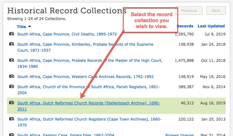 Historical records collections screenshot