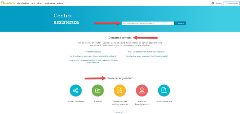 la pagina principale del Centro Assistenza di FamilySearch