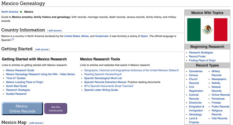 Screenshot of Mexican Genealogy page