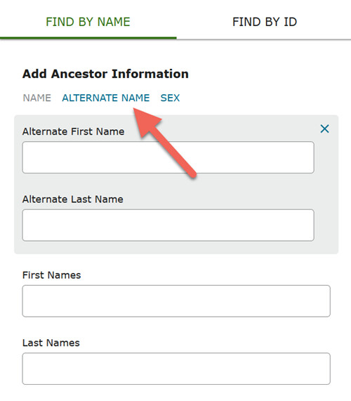 Screenshot showing where to put an alternate name in a Family Tree Find search.