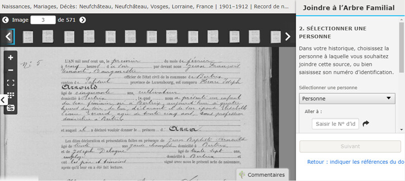 Copie d’écran d’un ajout de renseignements au profil d’un ancêtre.