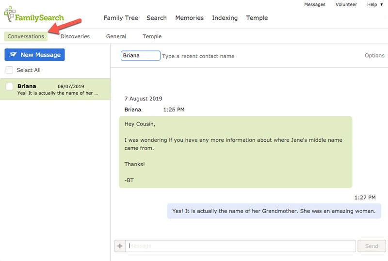 Screenshot of Conversations tab in FamilySearch Messages.