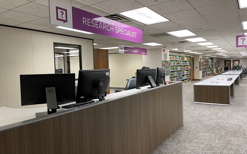Research specialist desk at the library downtown.