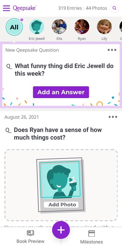 Screenshot of questions to answer in a baby book app called Qeepsake.