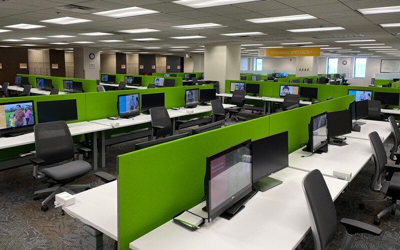 Showing many extra computer stations at remodeled Family History Library.
