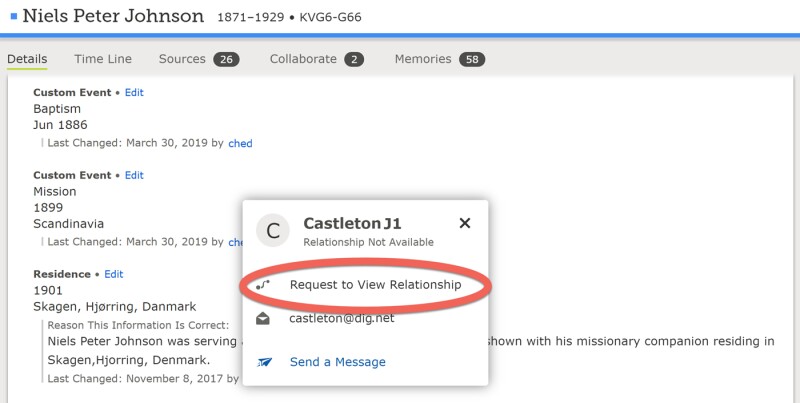 Screenshot showing request to view relationship button on FamilySearch.
