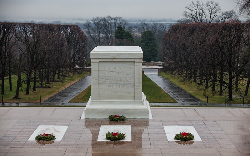 Three sarcophaguses at the Tomb of the Unknown Soldier hold the bodies of three unidentified soldiers.