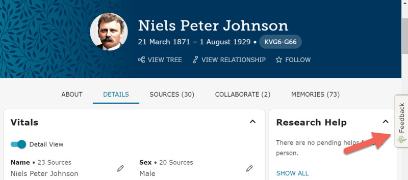 Screenshot showing Feedback button on FamilySearch.org