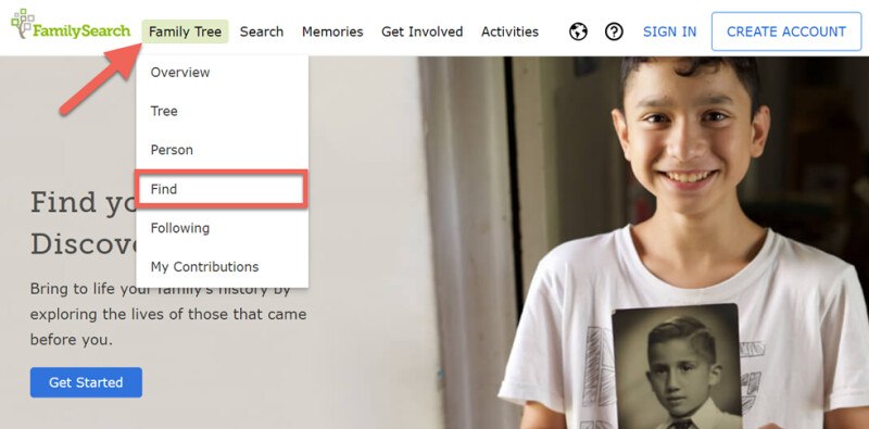 Screenshot of FamilySearch.org, showing how to find the Family Tree in the main menu.