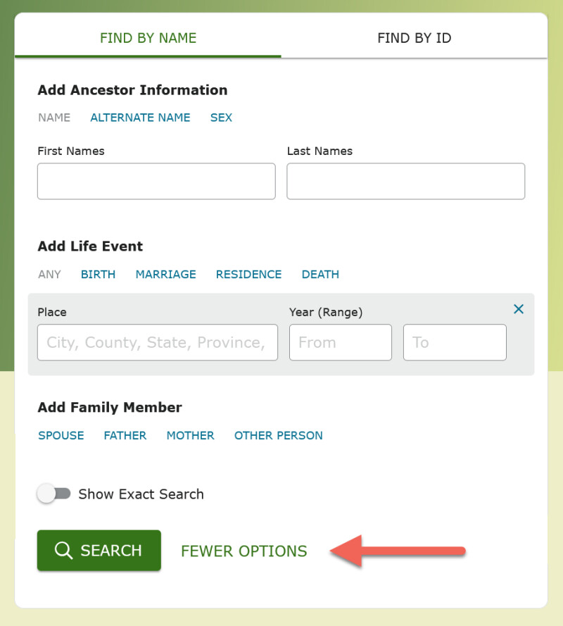 The full search box from the FamilySearch Family Tree Find.