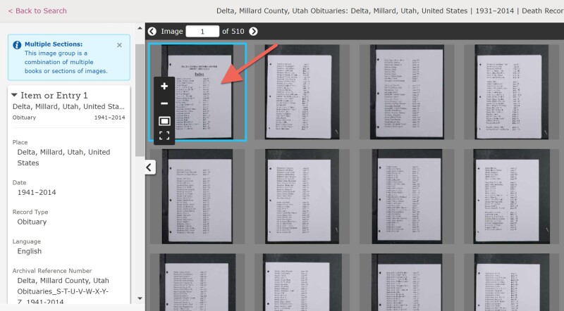 Browsing record images using FamilySearch new tool.