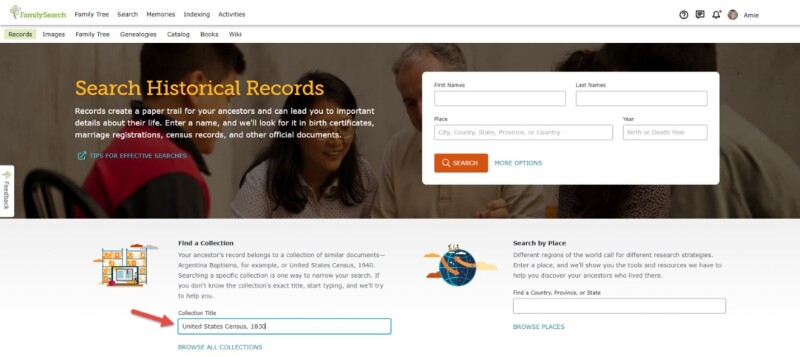 Screen shot of FamilySearch.org searching historical records