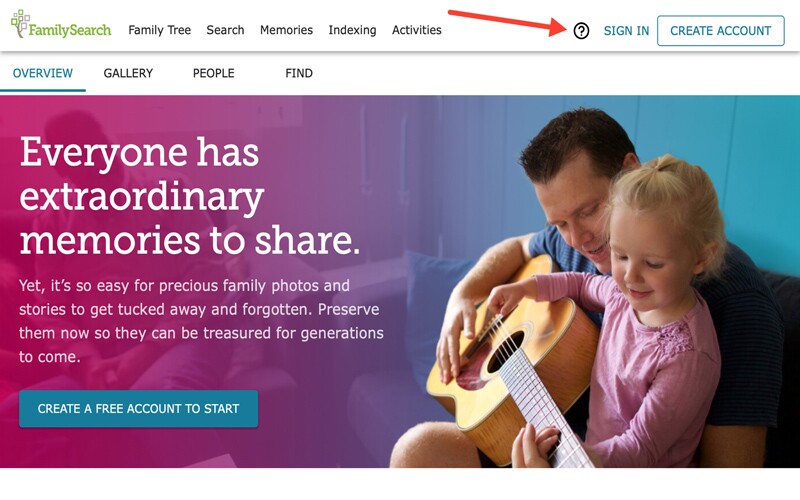 The start page on FamilySearch.org, showing where to find the help center.