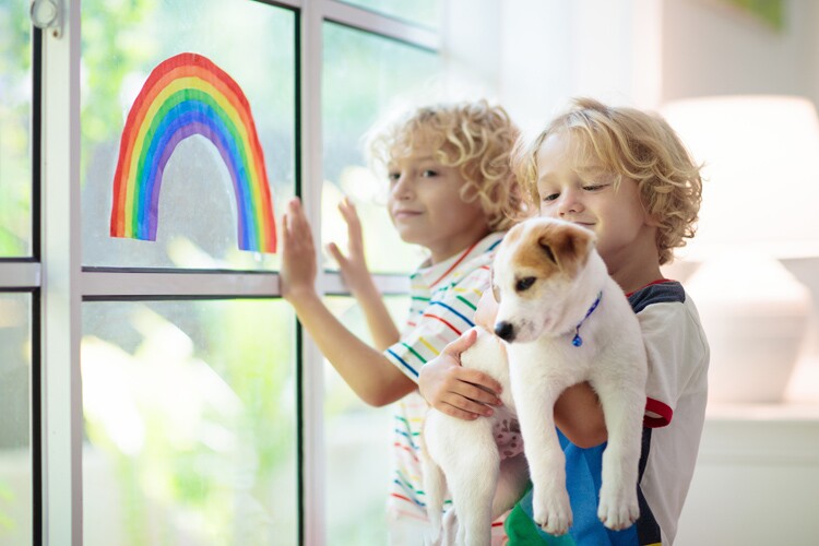 two little boys look out a window while in quarantine