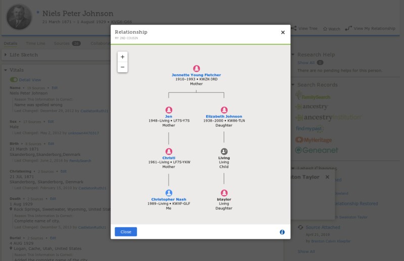 Screenshot showing relationship to another FamilySearch user.
