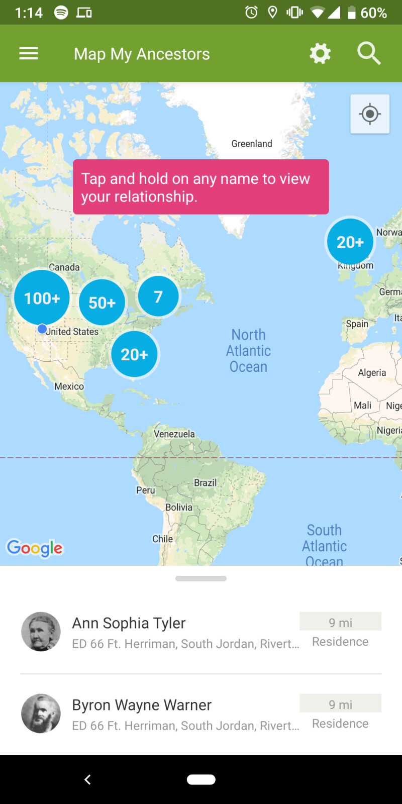 Ancestors on the world map on android