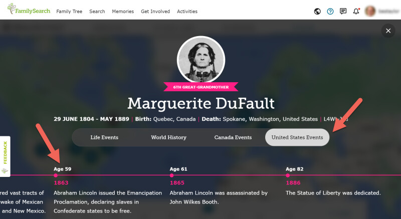 Screenshot of a timeline on FamilySearch.