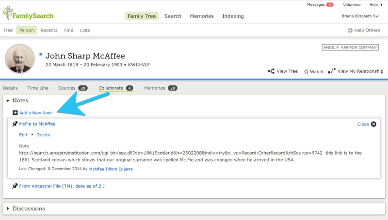 A screenshot with arrows showing how to add a new note.