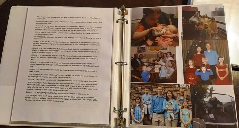 Travis Hubble's baby book he makes for his children from his own journal entries.