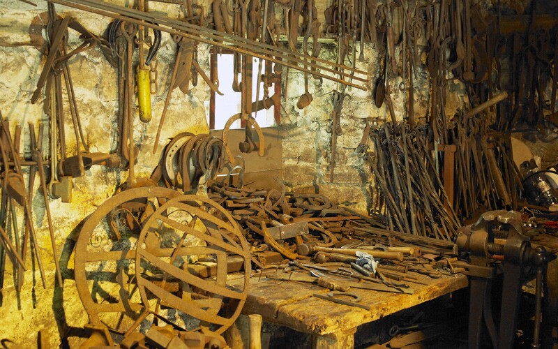Ulster American Folk Park, Omagh, Northern Ireland - Tools in a shed