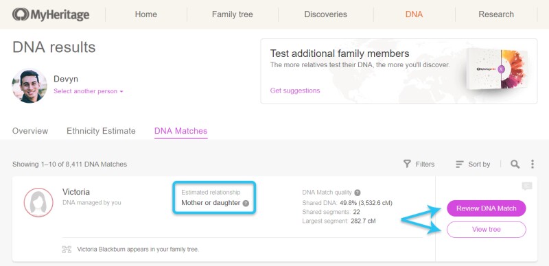 DNA match list screenshot from myheritage.com. View family tree.