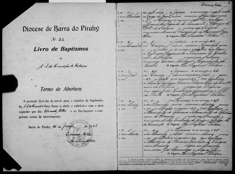 Photo of a baptism record from Brazil.