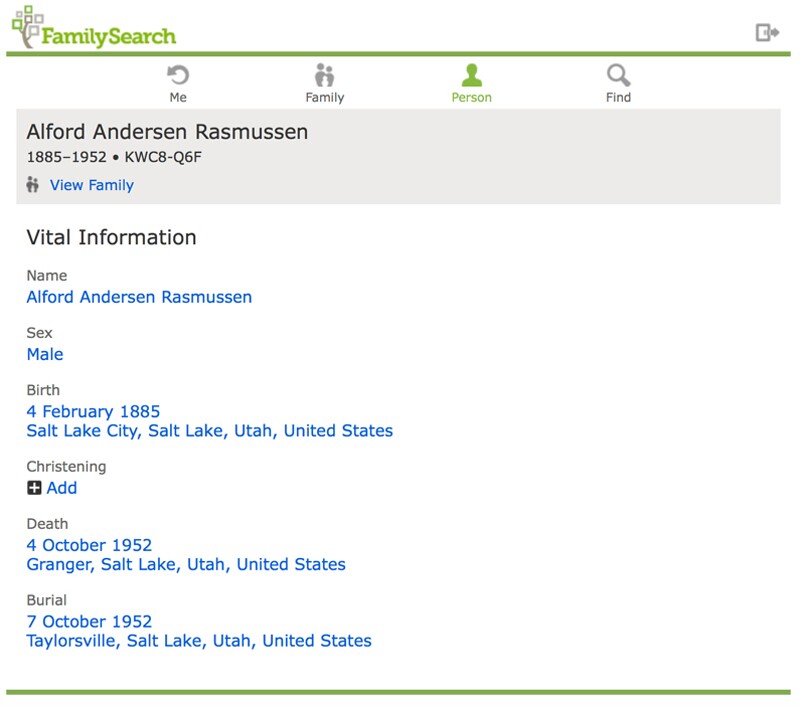 A screenshot of the vital information on the family tree lite app
