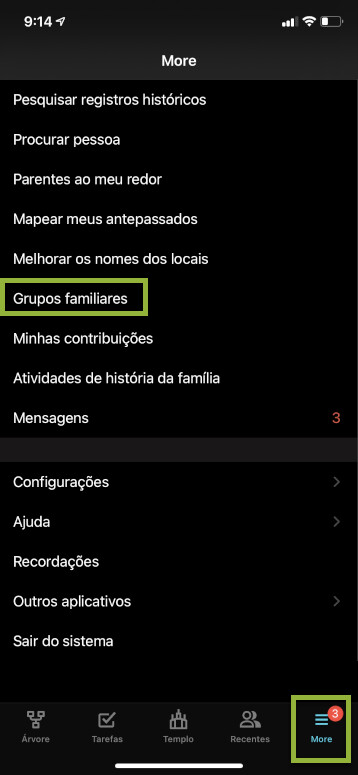 No canto inferior direito da tela do aplicativo para iOS, toque no menu mais para chegar a Grupos Familiares.