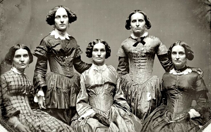 A picture of the Clark sisters from the 1850s showing dress and hair styles from that time period.