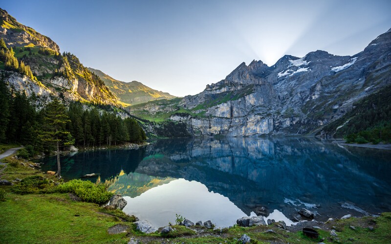 Lake Oeschinensee in the morning during sunrise in Switzerland