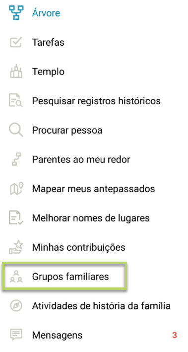 Clique nas três linhas no canto do aplicativo para acessar grupos familiares no Android.