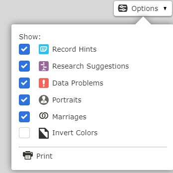The options panel on FamilySearch.org.