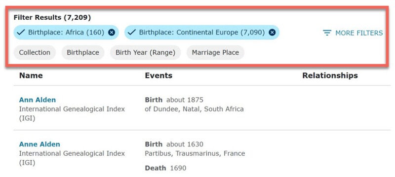a screenshot showing multiple filters in genealogy.