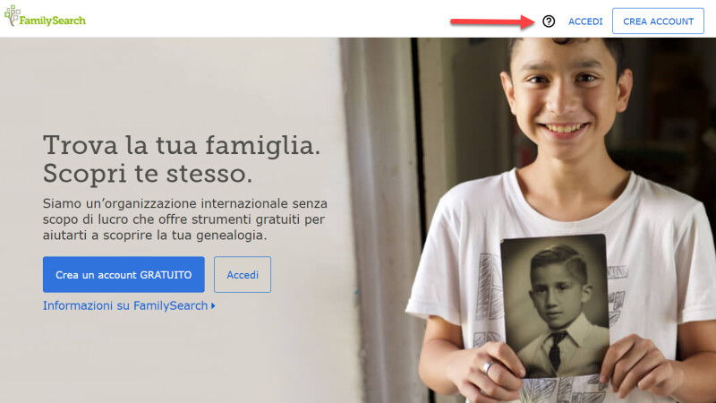 La pagina iniziale su FamilySearch.org, mostra dove trovare il Centro Assistenza.