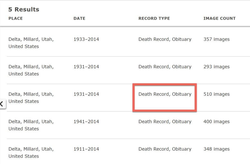 List of death records found with FamilySearch Expore Images tool.