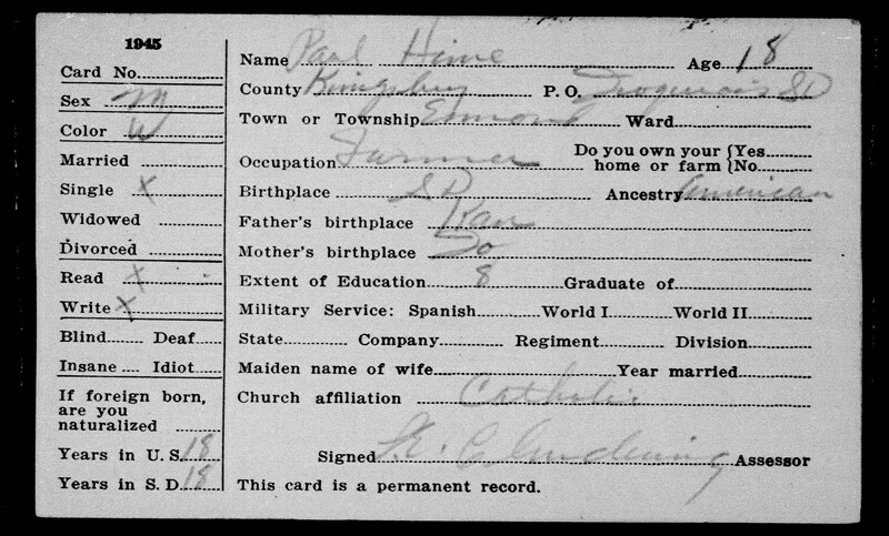 South Dakota 1945 Census Record example