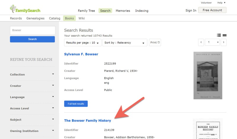 Clicking on the title of a family history book.