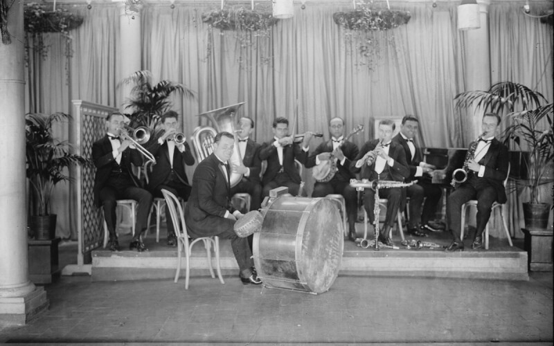What Was It Like 100 Years Ago Today? 14 jazz players perform on stage. jazz came into popularity 100 years ago