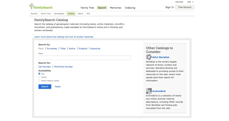 FamilySearch Catalog screenshot.