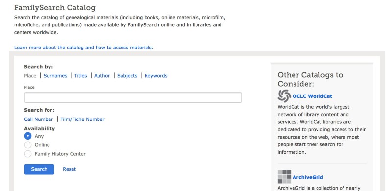 A screenshot of the FamilySearch catalog
