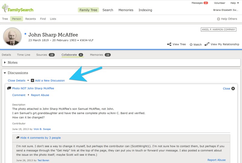 A screenshot with arrows showing how to add a new discussion.