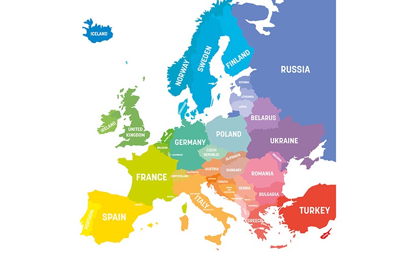 Colorful map of Europe and its countries.