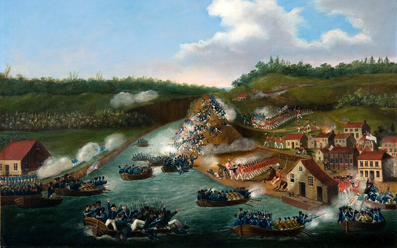 Artistic depiction of the Battle of Queenston Heights on the river during the War of 1812.