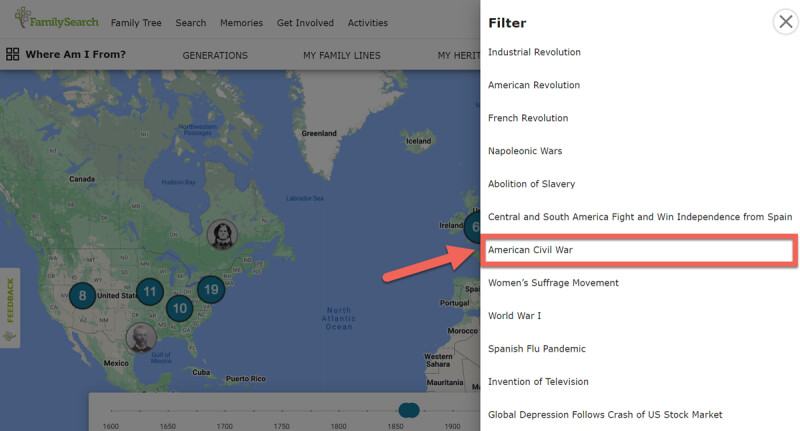 Screenshot of Time Line filter on FamilySearch ancestor map, selecting the Civil War historical event.