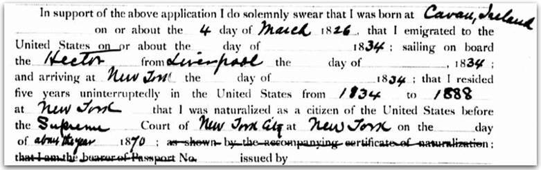 Immigration document from National Archives