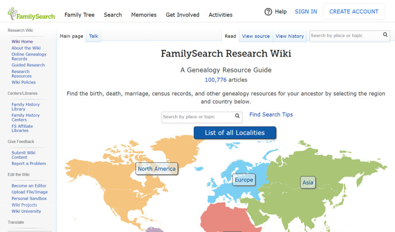 Main page of the FamilySearch family history research wiki showing map.
