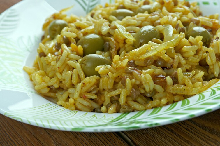 Arroz con gandules y lechon, a puerto rican food.