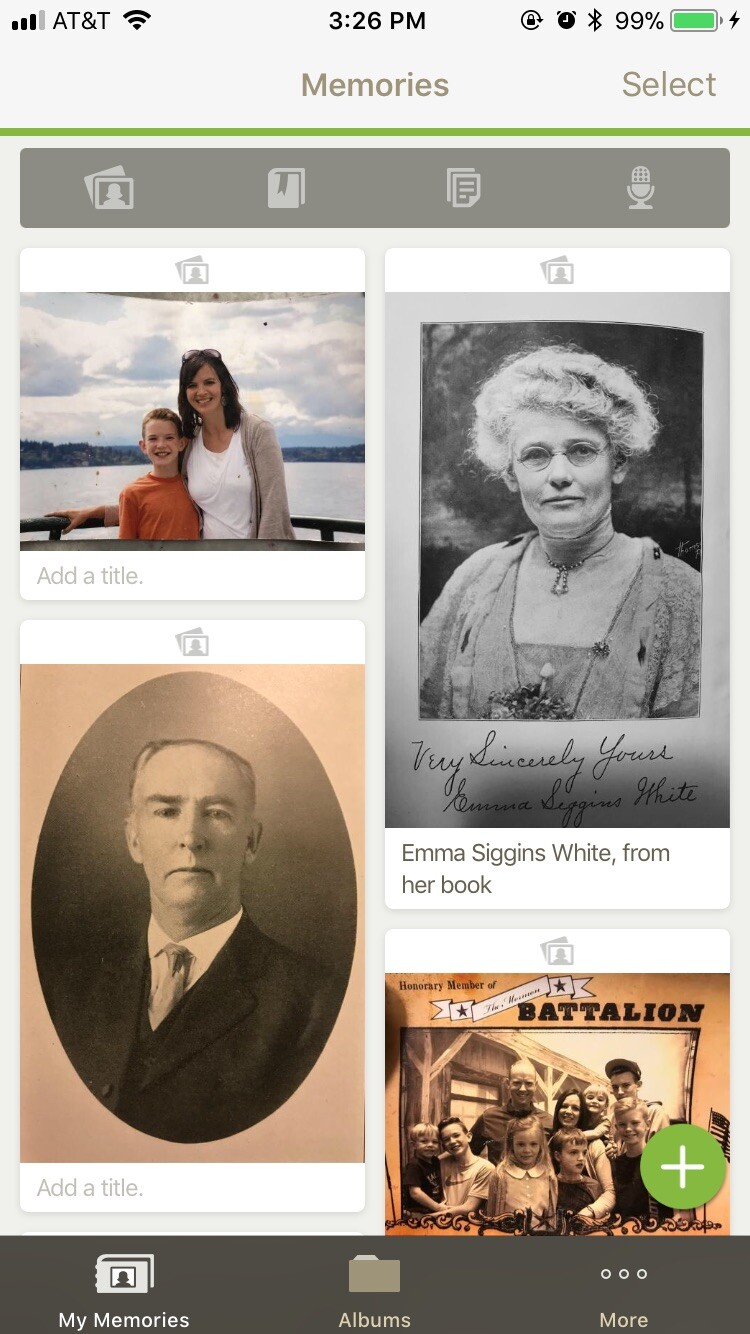 Screenshot of FamilySearch Memories mobile app for uploading photos.