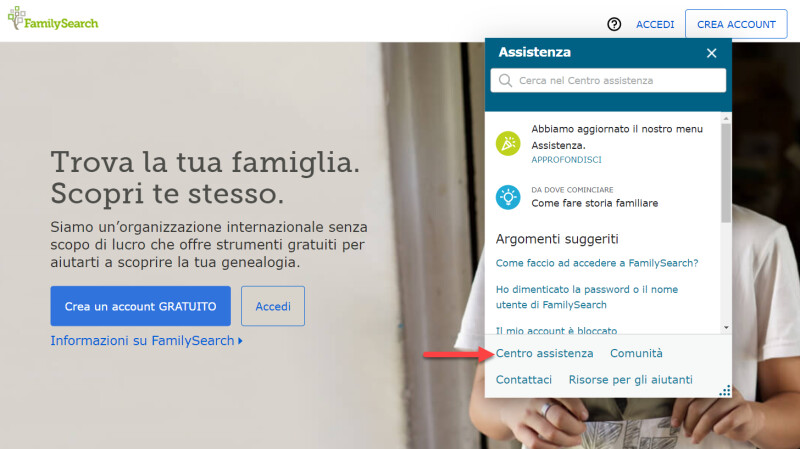 Centro Assistenza su FamilySearch.org.