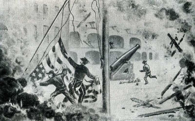 Old drawn rendition of the Battle of Fort Sumter.